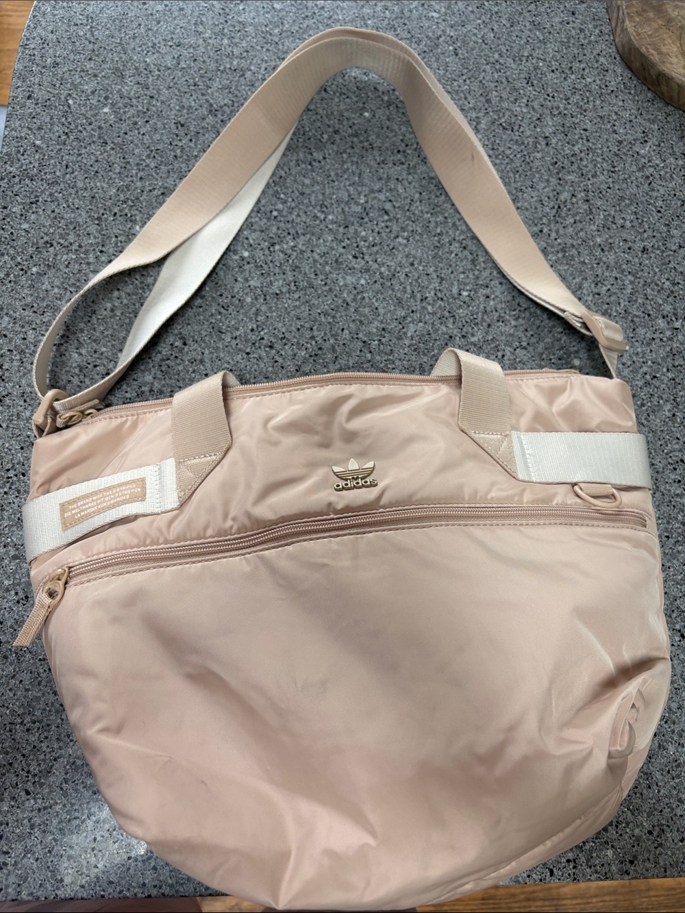 adidas blush tan zip up tote with shoulder strap